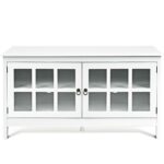White Wood TV Stand with Glass Doors and Storage Shelves