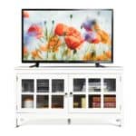 White Wood TV Stand with Glass Doors and Storage Shelves