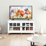 White Wood TV Stand with Glass Doors and Storage Shelves