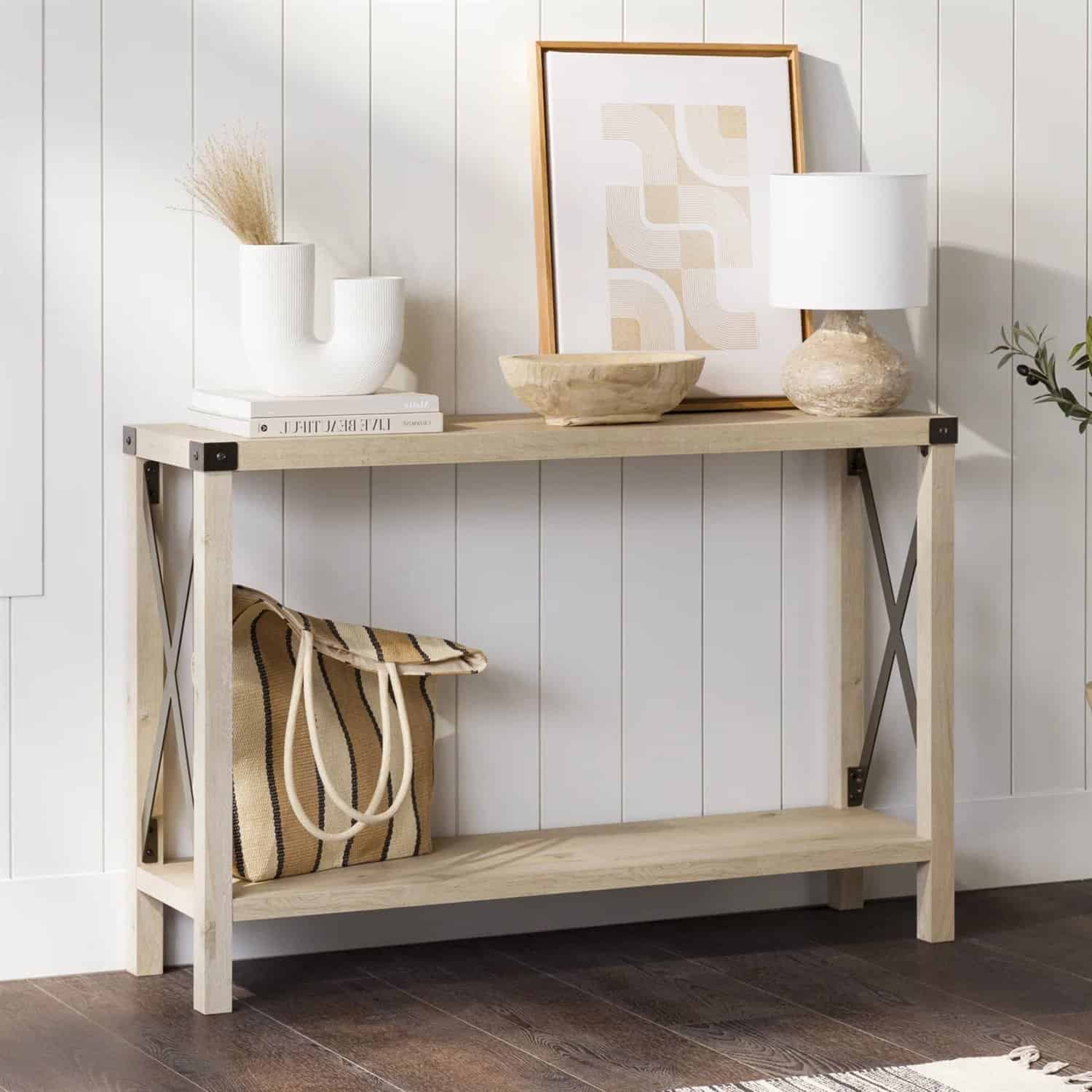 Industrial Farmhouse Entryway Table with White Oak Wood Finish 1 Industrial Farmhouse Entryway Table with White Oak Wood Finish