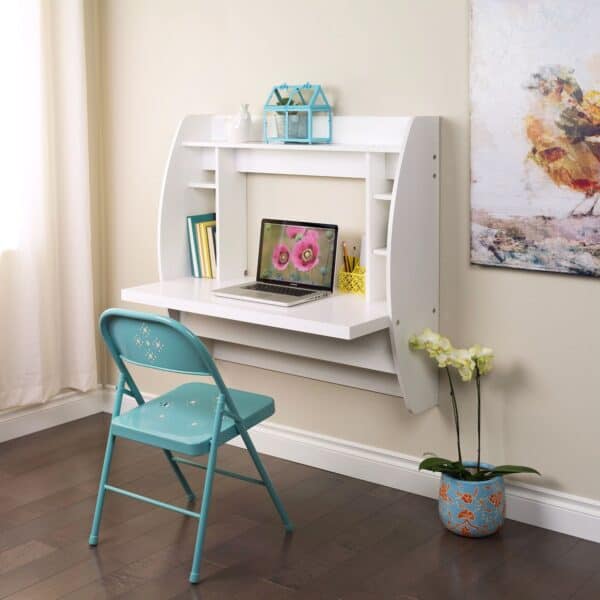 Wall-Mounted White Space-Saving Laptop Desk with Storage Shelves