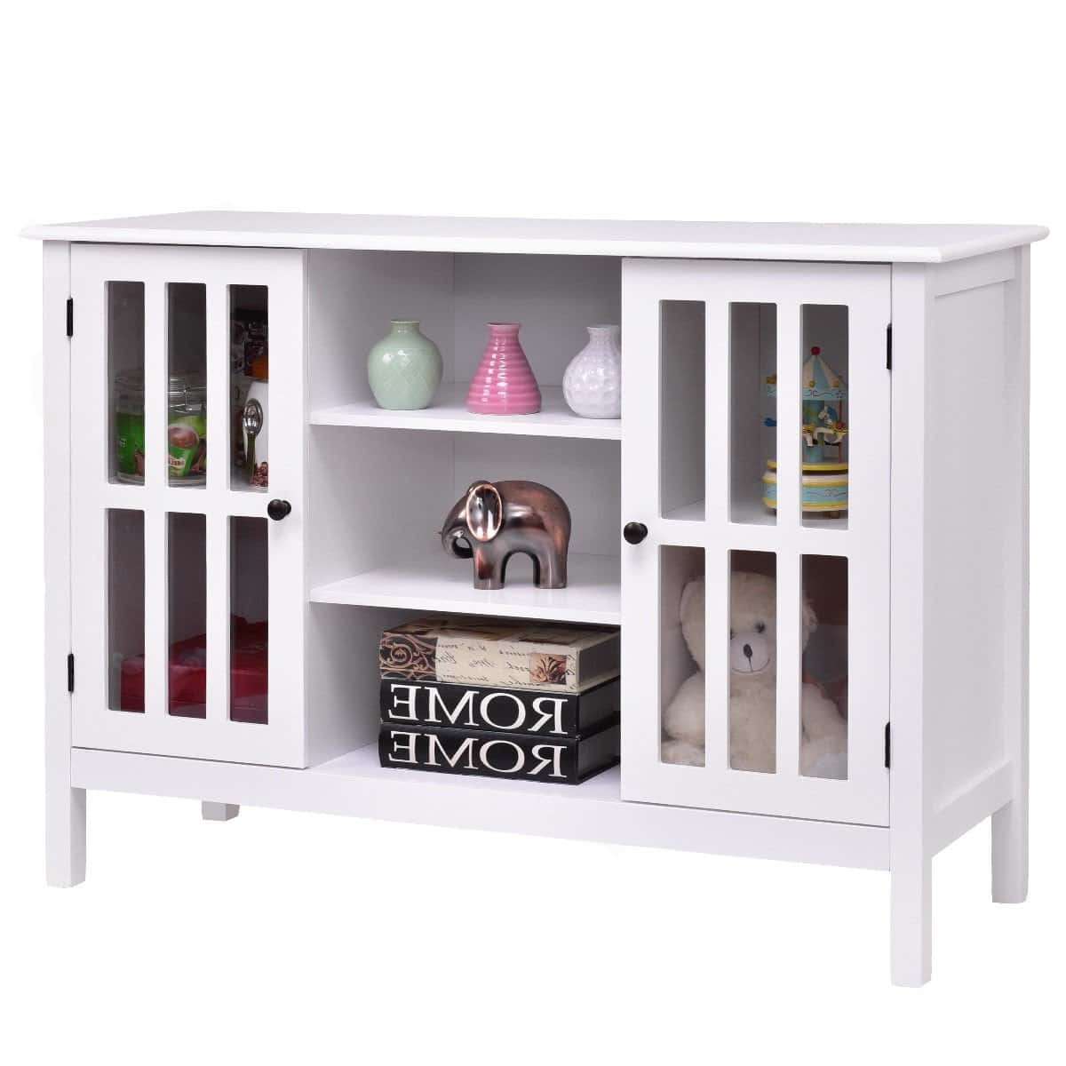 White Wood 43-Inch TV Stand with Glass Panel Doors 2 White Wood 43-Inch TV Stand with Glass Panel Doors - Image 2