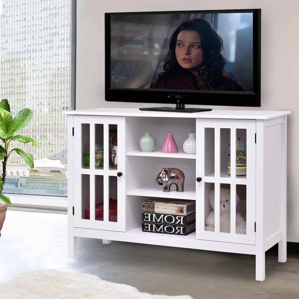 White Wood 43-Inch TV Stand with Glass Panel Doors 5 White Wood 43-Inch TV Stand with Glass Panel Doors - Image 5