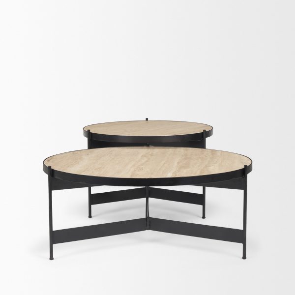 Wade Travertine Marble w Matte Black Metal Coffee Tables 5
