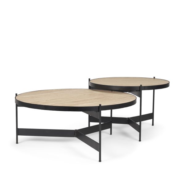 Wade Travertine Marble w Matte Black Metal Coffee Tables