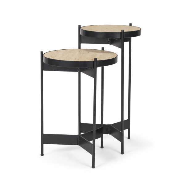 Wade Travertine Marble w Matte Black Metal End Tables