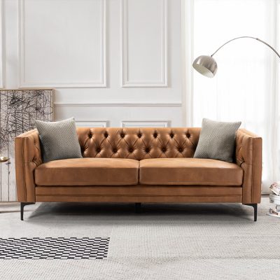 Wales Camel Leathaire Fabric Mid-Century Modern Tufted Sofa
