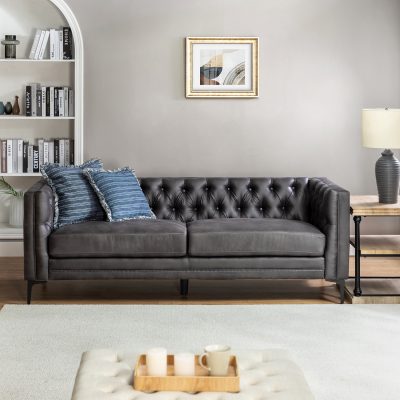 Wales Charcoal Mid-Century Modern Leathaire Fabric Sofa