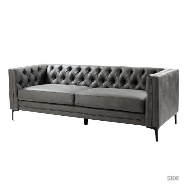 Wales Mid Century Modern Grey Leathaire Fabric 84 Inch Button Tufted Sofa 1