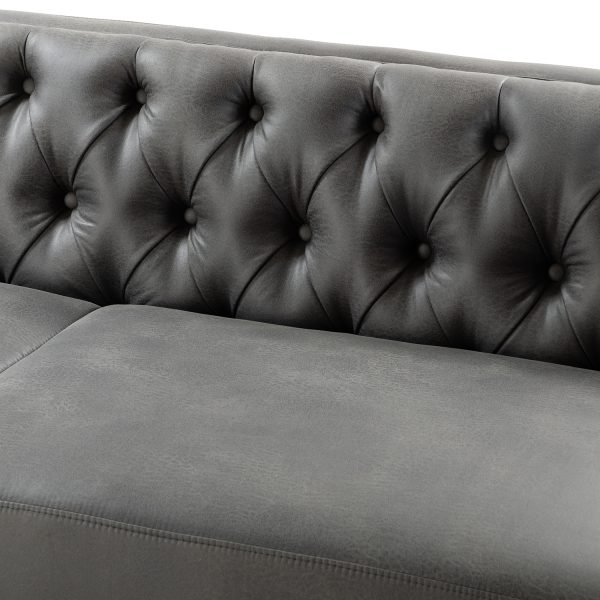 Wales Mid Century Modern Grey Leathaire Fabric 84 Inch Button Tufted Sofa 4