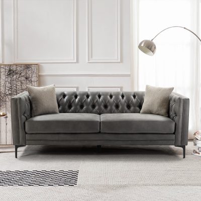 Wales Mid-Century Modern Grey Leathaire Fabric 84-Inch Button-Tufted Sofa