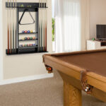 Wall-Mounted Pine Wood Billiards Pool Cue Rack with Shelves