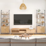 Wall-Mounted 6-Tier Ladder Bookshelf with Rattan Cabinet Natural