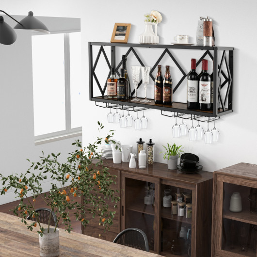Wall Mounted Wine Rack with Shelf for 39 Bottles and Glasses 2 Wall Mounted Wine Rack with Shelf for 39 Bottles and Glasses - Image 2