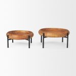 Wally Round Medium Brown Wood w/ Matte Black Metal Stand Trays
