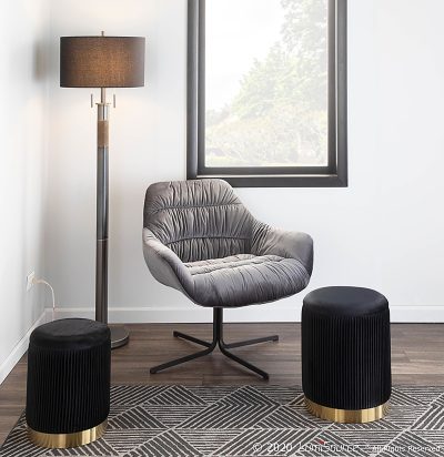 Wayne Contemporary Swivel Lounge Chair Black Metal Grey Velvet