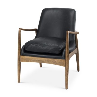 Westan Black Genuine Leather W/Medium Brown Wood Accent Chair
