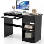 White Wooden Computer Desk with Keyboard Tray and Storage Shelves