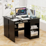 White Wooden Computer Desk with Keyboard Tray and Storage Shelves