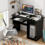 White Wooden Computer Desk with Keyboard Tray and Storage Shelves
