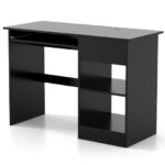 White Wooden Computer Desk with Keyboard Tray and Storage Shelves