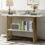 48 Inch Faux Marble Console Table with Gold Frame