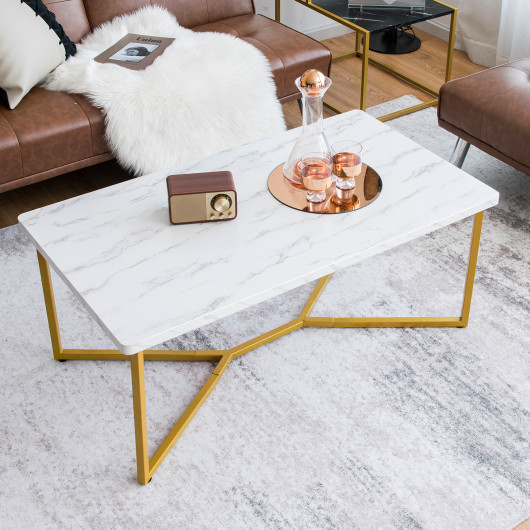 White Faux Marble Coffee Table with Gold X-Shaped Metal Base 2 White Faux Marble Coffee Table with Gold X-Shaped Metal Base - Image 2