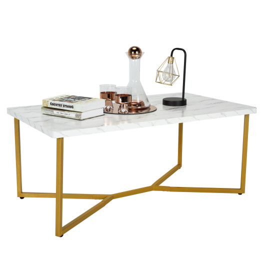 White Faux Marble Coffee Table with Gold X-Shaped Metal Base 3 White Faux Marble Coffee Table with Gold X-Shaped Metal Base - Image 3