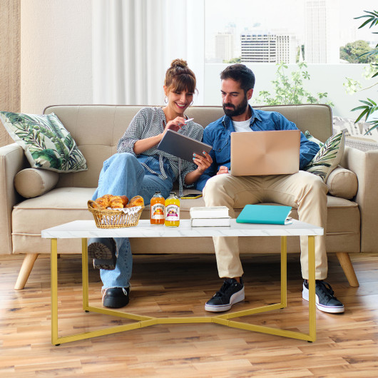White Faux Marble Coffee Table with Gold X-Shaped Metal Base 6 White Faux Marble Coffee Table with Gold X-Shaped Metal Base - Image 6