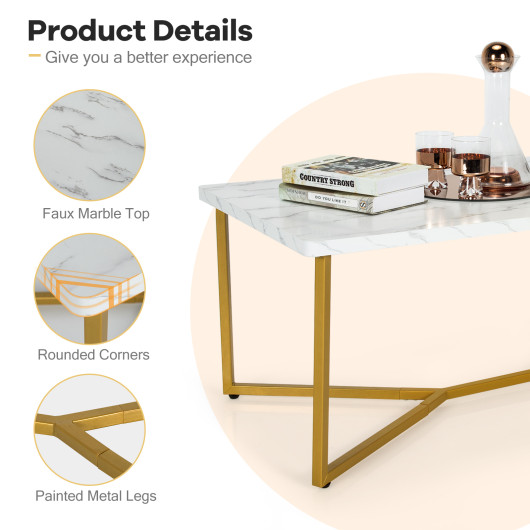 White Faux Marble Coffee Table with Gold X-Shaped Metal Base 7 White Faux Marble Coffee Table with Gold X-Shaped Metal Base - Image 7