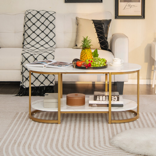 White Faux Marble Coffee Table with Gold Frame and Storage 2 White Faux Marble Coffee Table with Gold Frame and Storage - Image 2
