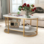 White Faux Marble Coffee Table with Gold Frame and Storage 13 White Faux Marble Coffee Table with Gold Frame and Storage