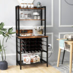 Industrial Wine Bar Cabinet with Storage Shelves and Charging Station