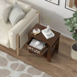 Retro Wood Side Table with Mirrored Drawer and Open Shelf