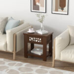 Retro Wood Side Table with Mirrored Drawer and Open Shelf