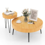 Rustic Wooden Coffee Tables with Metal Legs and Adjustable Pads (Set of 2)