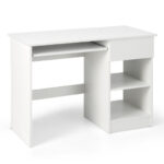 White Wooden Computer Desk with Keyboard Tray and Storage Shelves