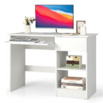 White Wooden Computer Desk with Keyboard Tray and Storage Shelves