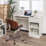 White Wooden Computer Desk with Keyboard Tray and Storage Shelves