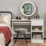 White Wooden Computer Desk with Keyboard Tray and Storage Shelves