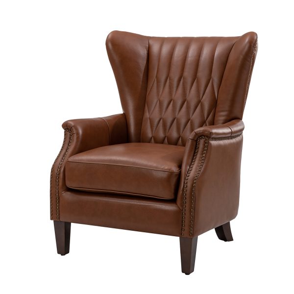 Xaver Brown Genuine Leather Wingback Nailhead Accent Chair 1