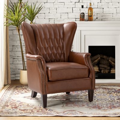 Xaver Brown Genuine Leather Wingback Nailhead Accent Chair