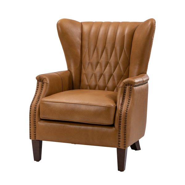 Xaver Camel Genuine Leather Wingback Nailhead Accent Armchair 1