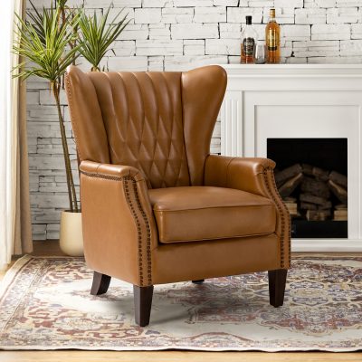 Xaver Camel Genuine Leather Wingback Nailhead Accent Armchair