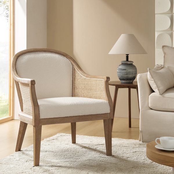 Xaver Ivory Farmhouse Rattan Solid Wood Barrel Accent Chair 1