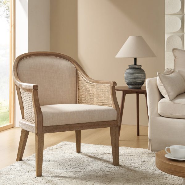Xaver Linen Farmhouse Rattan Solid Wood Barrel Chair 1