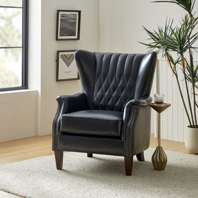 Xaver Navy Genuine Leather Nailhead Wingback Armchair