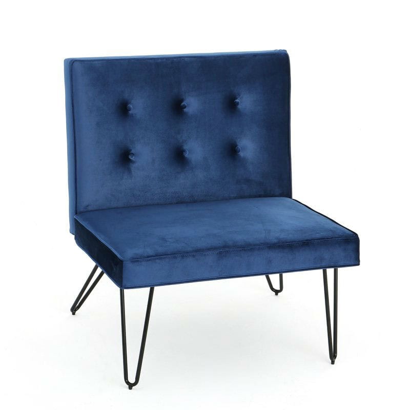 Navy Blue Velvety Upholstered Accent Chair with Black Metal Legs 1 Navy Blue Velvety Upholstered Accent Chair with Black Metal Legs