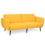 Scandinavian Yellow Linen Upholstered Convertible Sofa Bed with Wood Legs