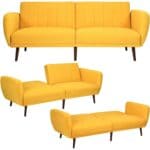 Scandinavian Yellow Linen Upholstered Convertible Sofa Bed with Wood Legs